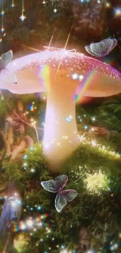 Magical glowing mushroom with butterflies and stardust in a mystical forest.