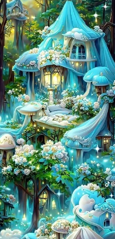 Enchanted mushroom house in vibrant, glowing forest.