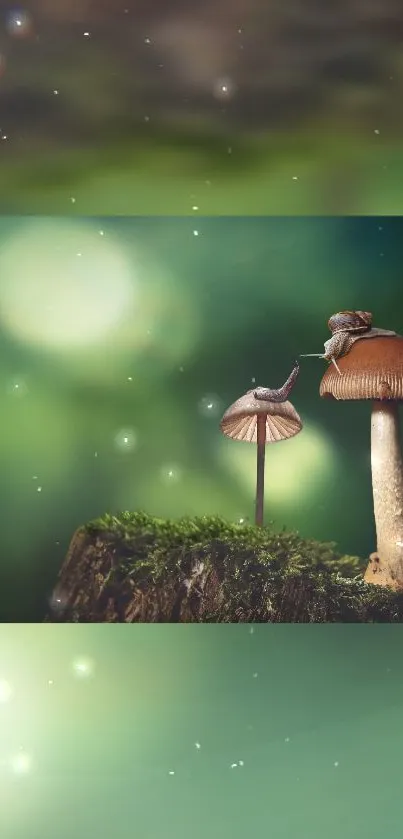 Serene green wallpaper with mushrooms and snail in a dreamy forest setting.