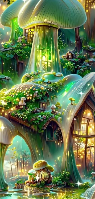 Enchanted forest with glowing mushroom house in lush greenery.