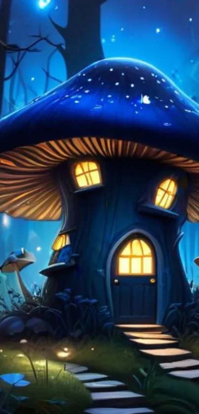 Magical mushroom house in a mystical forest at night.