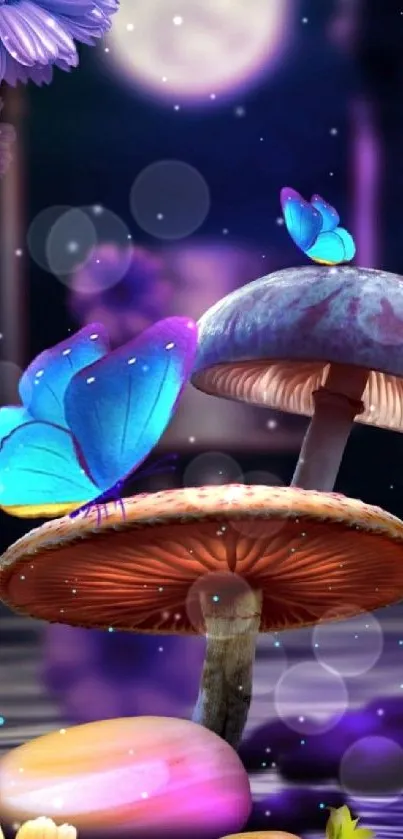 Enchanted mushroom forest with butterflies at night.