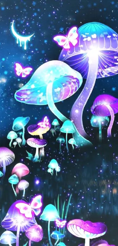 Vibrant galaxy with glowing mushrooms and butterflies against a starry sky.