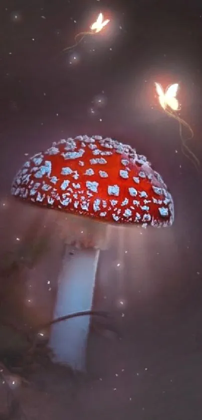 Fantasy wallpaper with a glowing red mushroom and flying fairies.