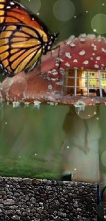 Fantasy mushroom house with butterfly wallpaper for mobile.