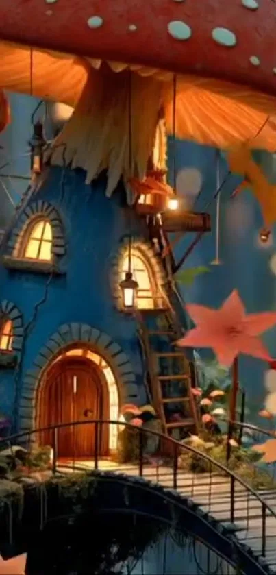 Whimsical mushroom house under a starry sky with autumn leaves.