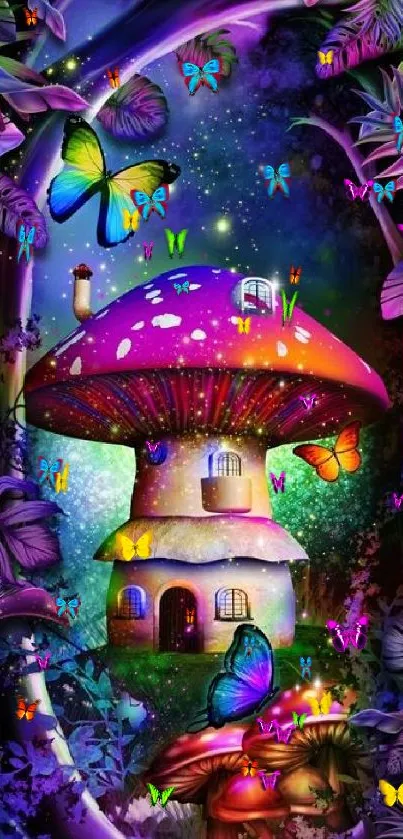 Fantasy wallpaper with a colorful mushroom house and butterflies.