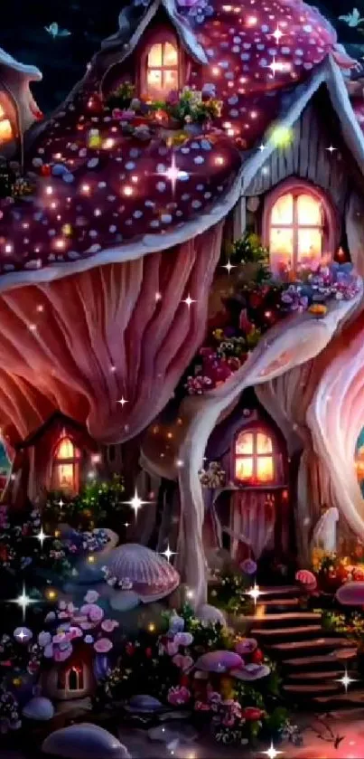 Enchanting mushroom house at night with magical lights and flowers.