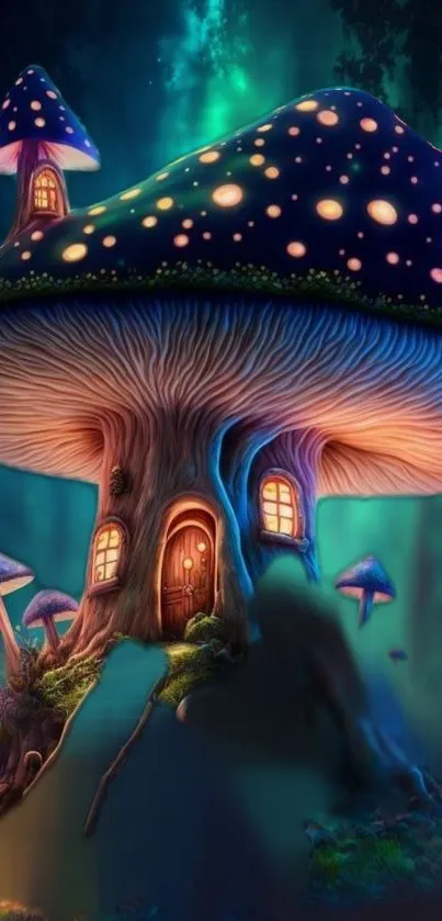 Mystical mushroom house in a magical forest setting as mobile wallpaper.