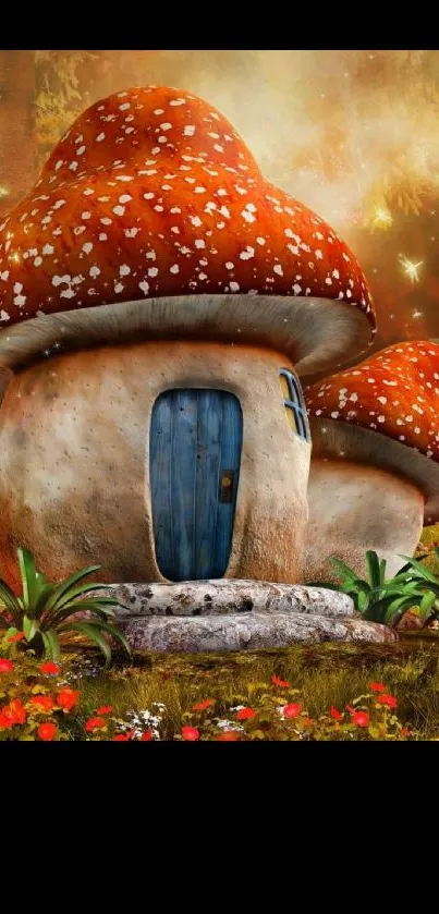 Whimsical mushroom house set in an enchanted forest with vibrant colors.