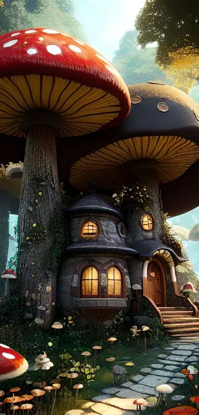 Whimsical mushroom house in enchanted forest scene.