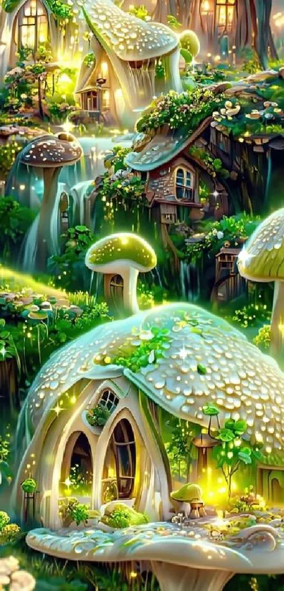 Whimsical art of glowing mushroom houses in a fantasy village setting.