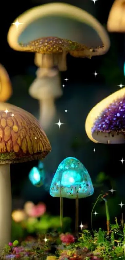 Mysterious glowing mushrooms in a dark, enchanting forest setting.