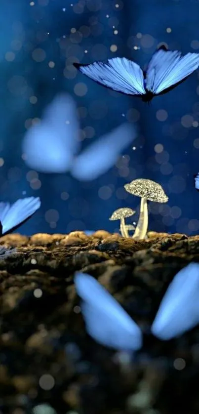 Enchanted mushrooms and blue butterflies in a mystical forest scene.