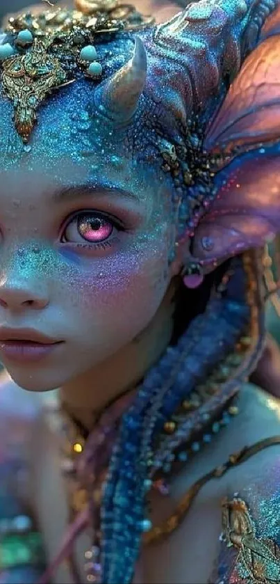 Vibrant fantasy creature in blue and pink hues with magical details.