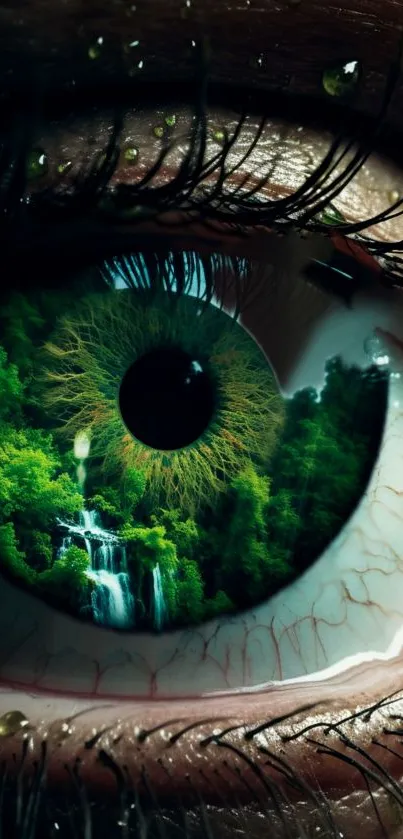 Close-up of an eye featuring a vibrant green landscape and nature scene.