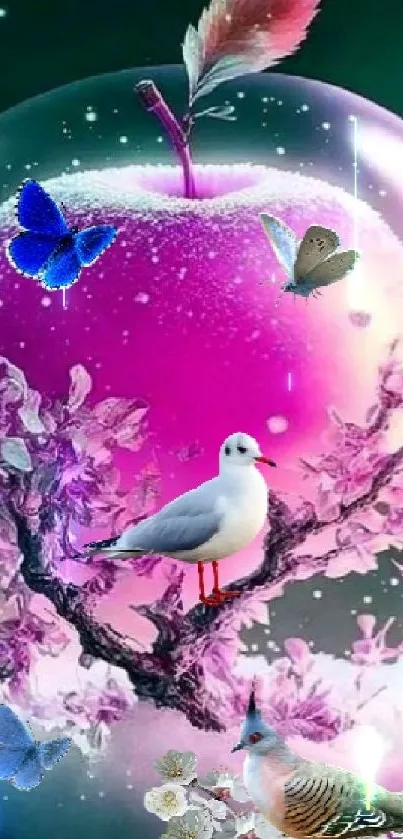 Vibrant nature scene with birds and butterflies in a mystical bubble.