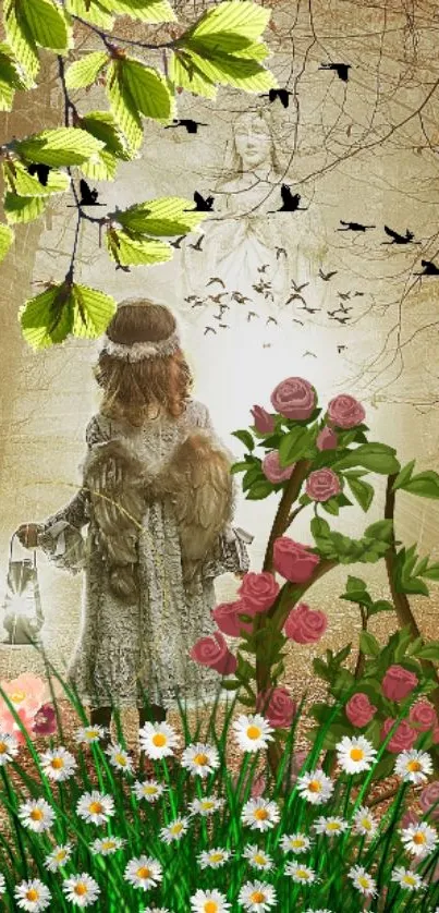 Enchanted nature scene with flowers and a mystical figure.