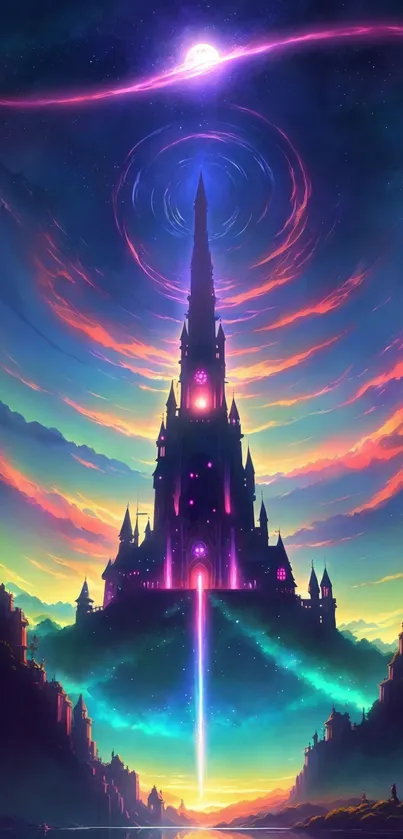 Neon fantasy castle under a vibrant, colorful sky.