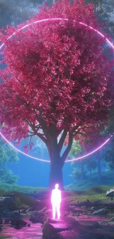 Mobile wallpaper of neon pink tree with a glowing circle in a forest setting.