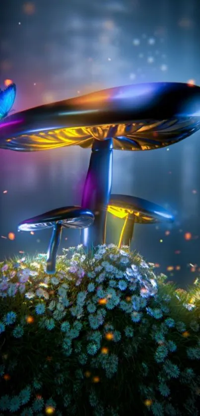 Neon mushrooms and butterfly in a mystical blue scene.