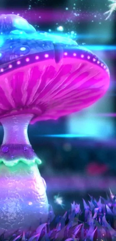 Psychedelic neon mushroom in a magical forest scenery.