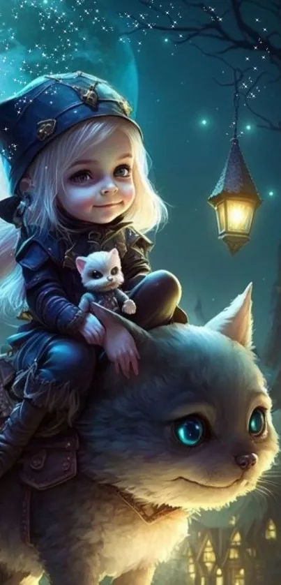 Fantasy scene of girl and cat on a mystical night ride.