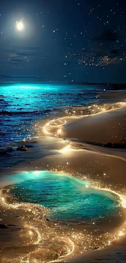 Moonlit beach with glowing turquoise waters and sparkling sand under starry sky.