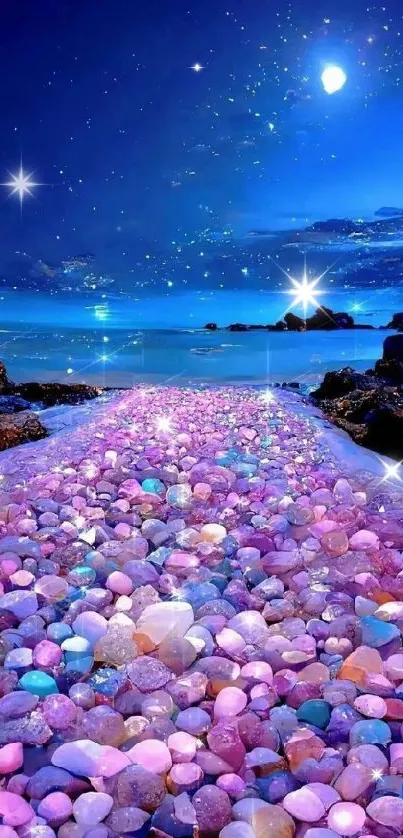 Moonlit beach with colorful stones under the vibrant night sky.