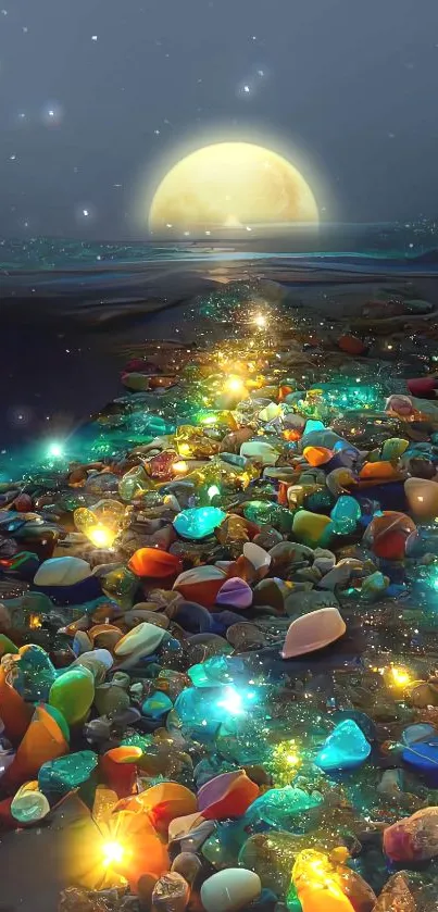 A mystical moonlit beach with colorful glowing stones.