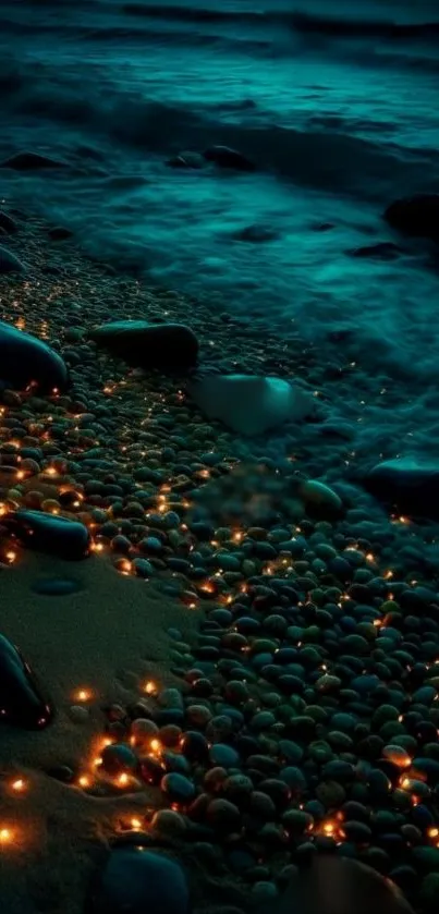 Night beach with glowing pebbles and deep blue ocean waves.