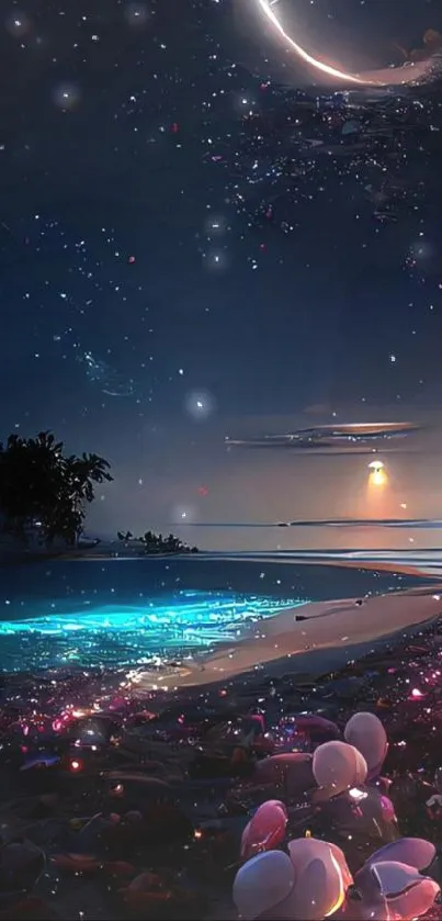 Serene night beach with glowing crystals and a crescent moon.