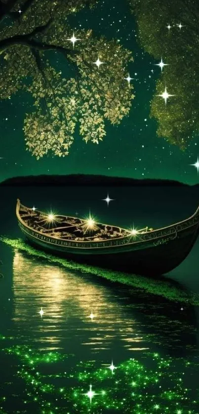 Enchanted boat on a glowing green lake under a starry sky.