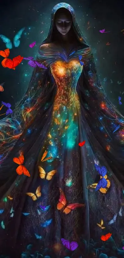 Mystical woman with glowing butterflies in a dark, enchanted scene.