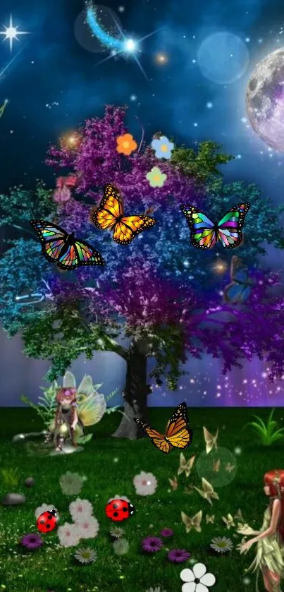 Fantasy wallpaper with a magical tree, butterflies, and fairies under a starry sky.