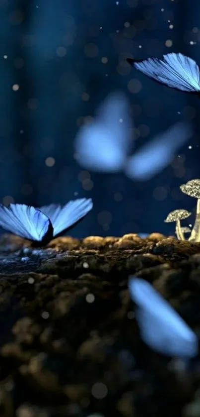 Luminous butterflies and mushrooms in a dark, mystical night scene.