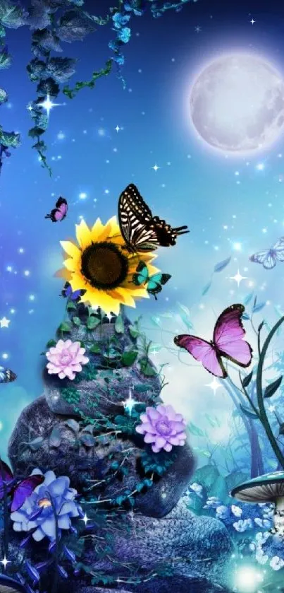 Magical night scene with butterflies, flowers, and a glowing moon in blue hues.