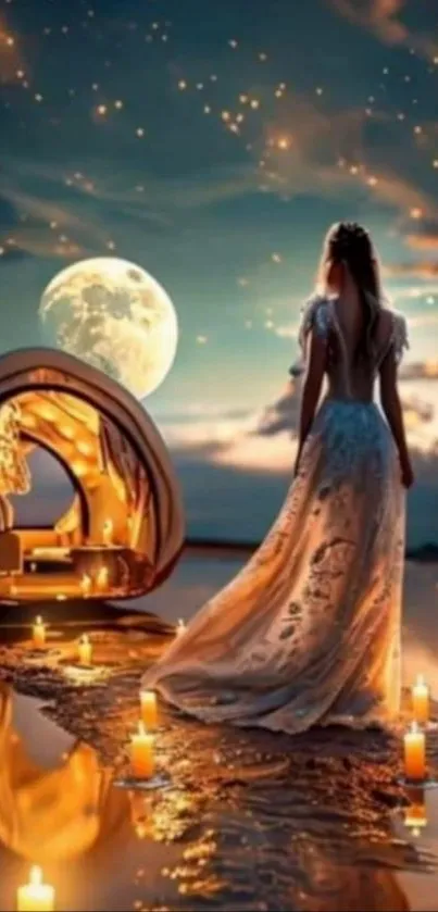 Woman in a flowing dress under a full moon with candles.