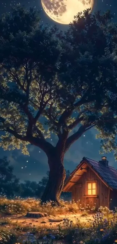 Cabin under moonlit night sky with large tree.