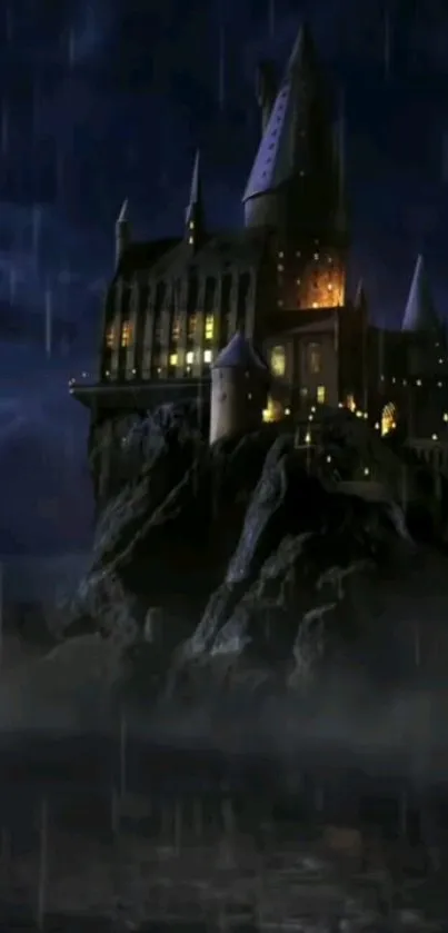 Mystical night castle shrouded in fog with glowing lights in a dark setting.