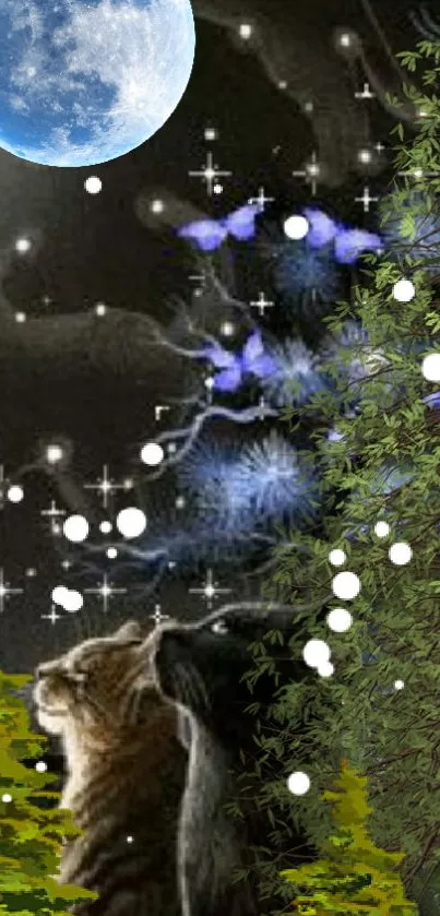 Cat gazing at moon in mystical night sky wallpaper with trees.