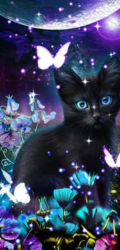 Black kitten in a magical flower garden with butterflies under a purple night sky.