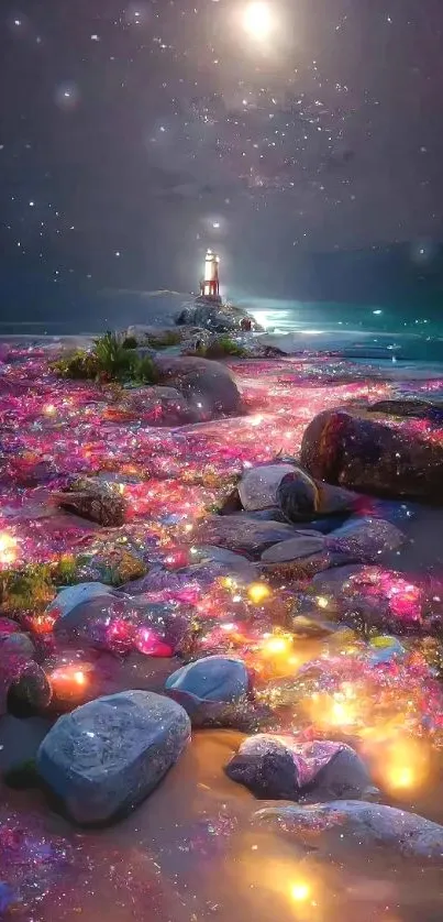 Enchanted night coastline with glowing colors and a lighthouse under a moonlit sky.