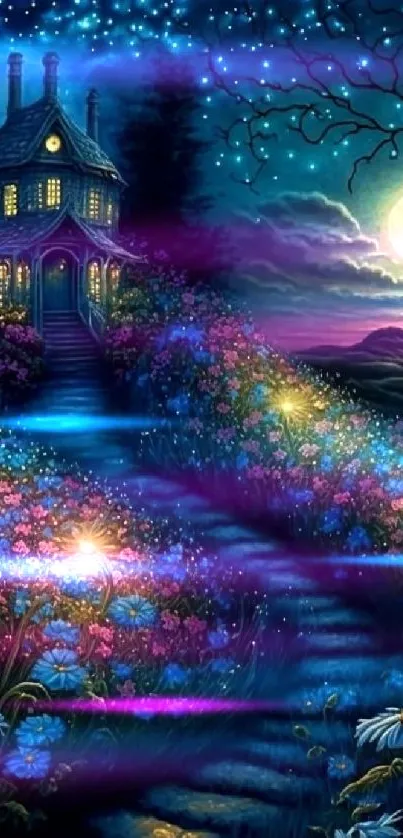 Enchanted night scene with cottage and glowing flowers under a starry sky.