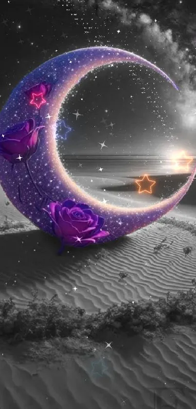 Crescent moon with purple roses in a starlit desert scene.