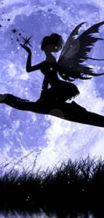 Silhouette of fairy on a moonlit tree branch in a fantasy scene.