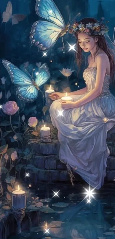 Fairy with glowing wings in a candlelit garden at night.