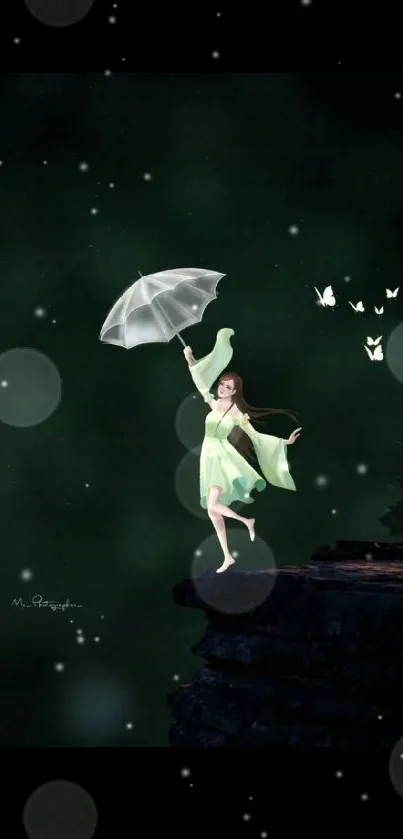 Fantasy art of a girl with an umbrella surrounded by butterflies at night.