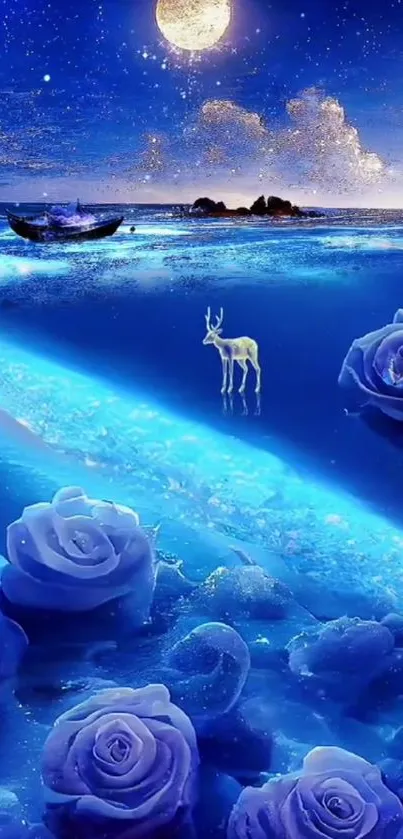 Surreal nightscape with blue roses and a deer under a starry sky.