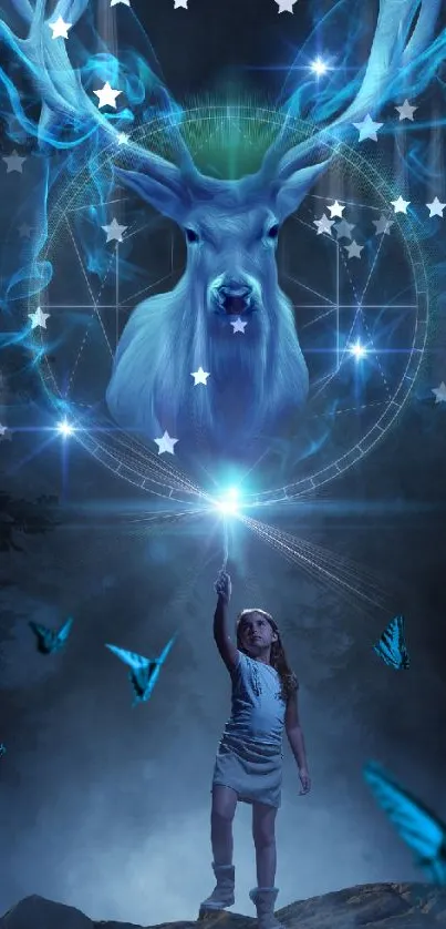 Enchanting night scene with mystical stag and glowing blue light.